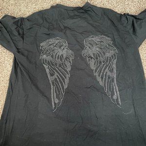 Black oversized rhinestone angel wings tee